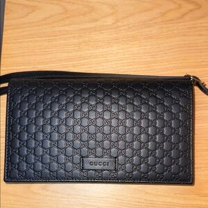 Gucci Black Embossed Leather Wristlet